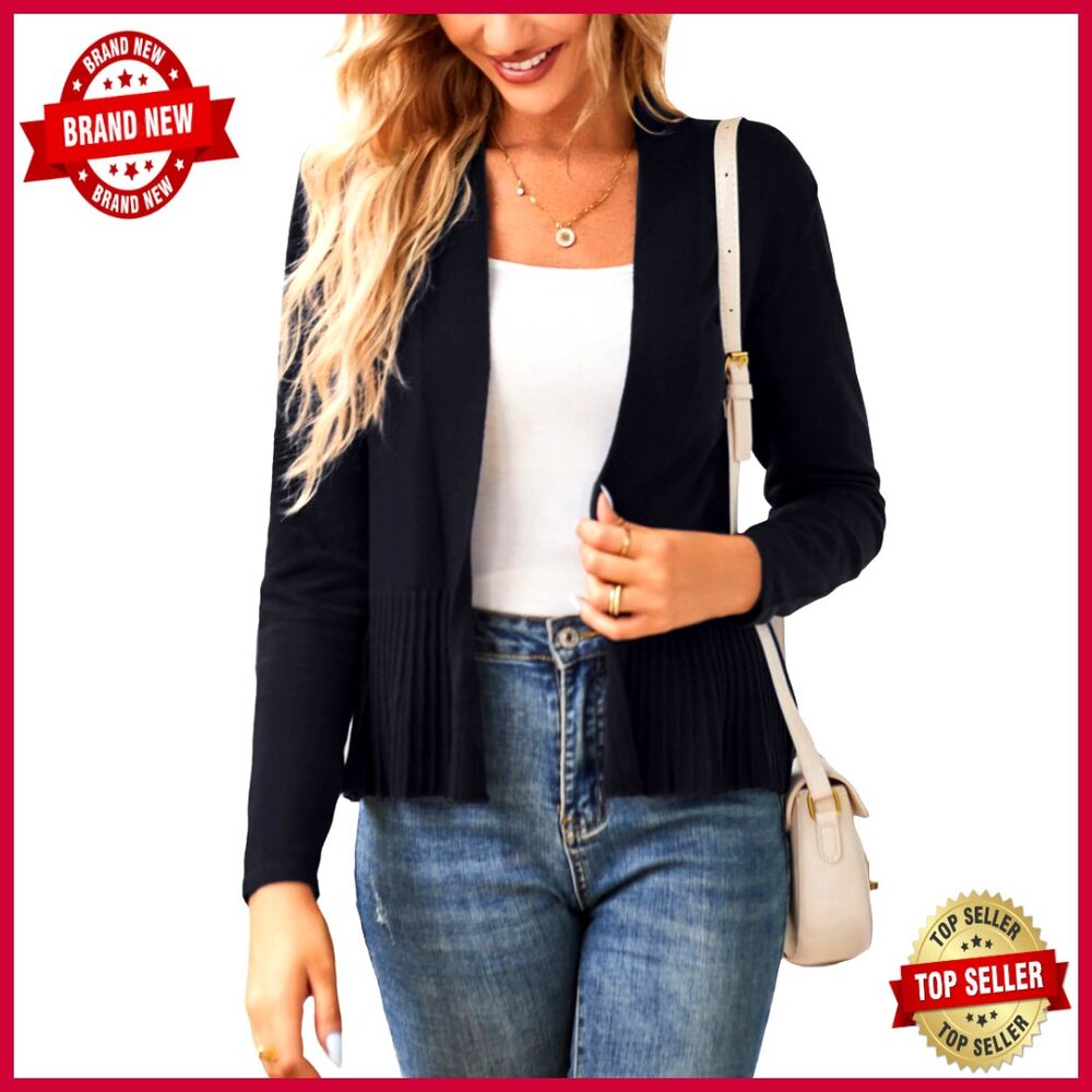Lightweight Draped Open Front Cropped Cardigan Peplum Knit Top Long Sleeve